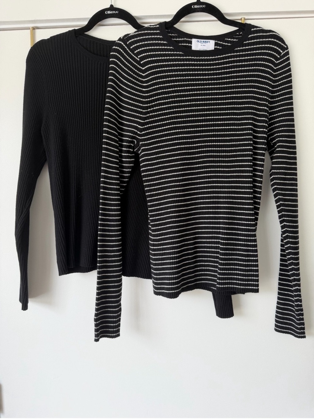 Old Navy Black Ribbed and Black/White Striped Long Sleeve Tops - 2 Pack